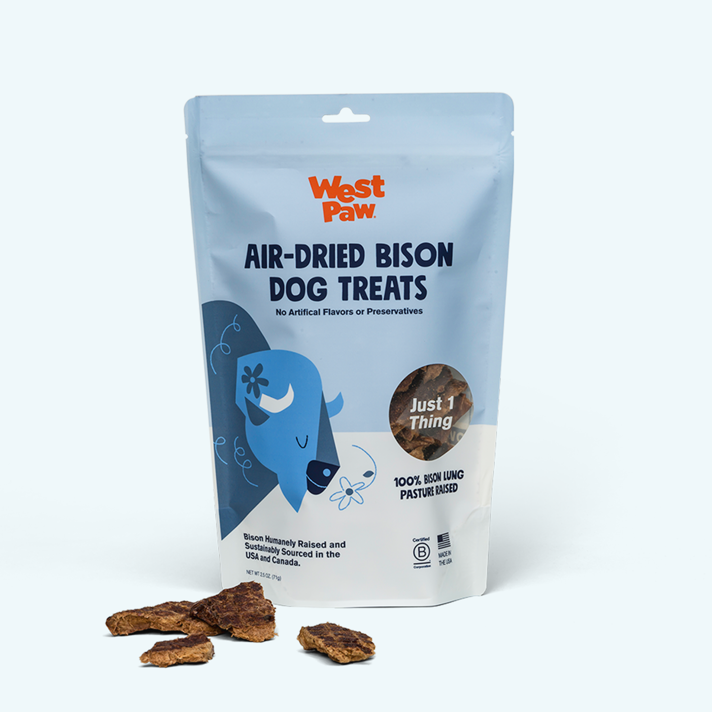 Bison Lung dog treats by West Paw, air-dried in a light blue bag with orange logo on Tampa Home & Garden Store