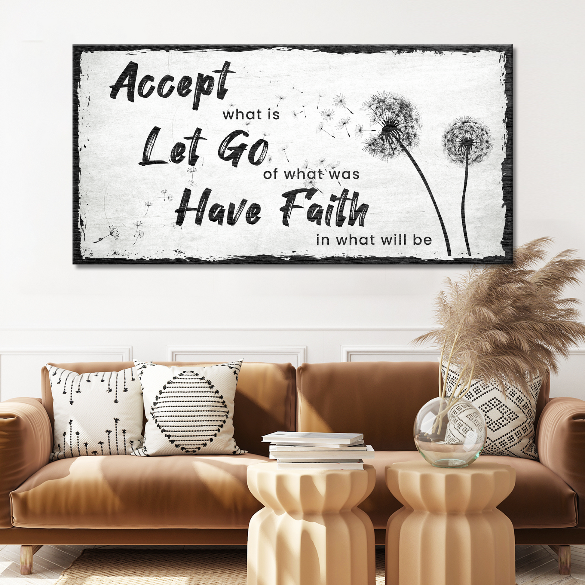Canvas Sign Accept, Let Go, Have Faith with black script on white canvas on Tampa Home & Garden Store