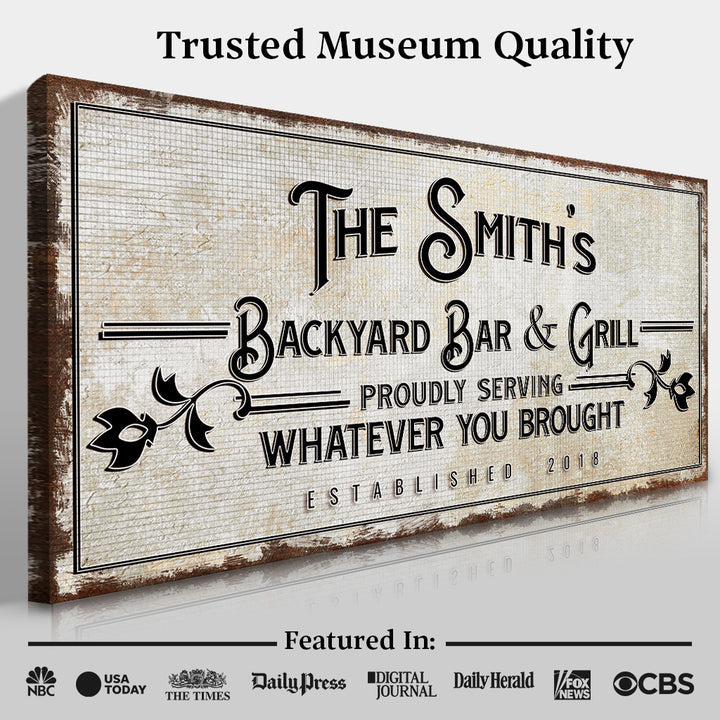 Backyard Bar & Grill sign canvas by Tailored Canvases in rustic distressed style on Tampa Home & Garden Store