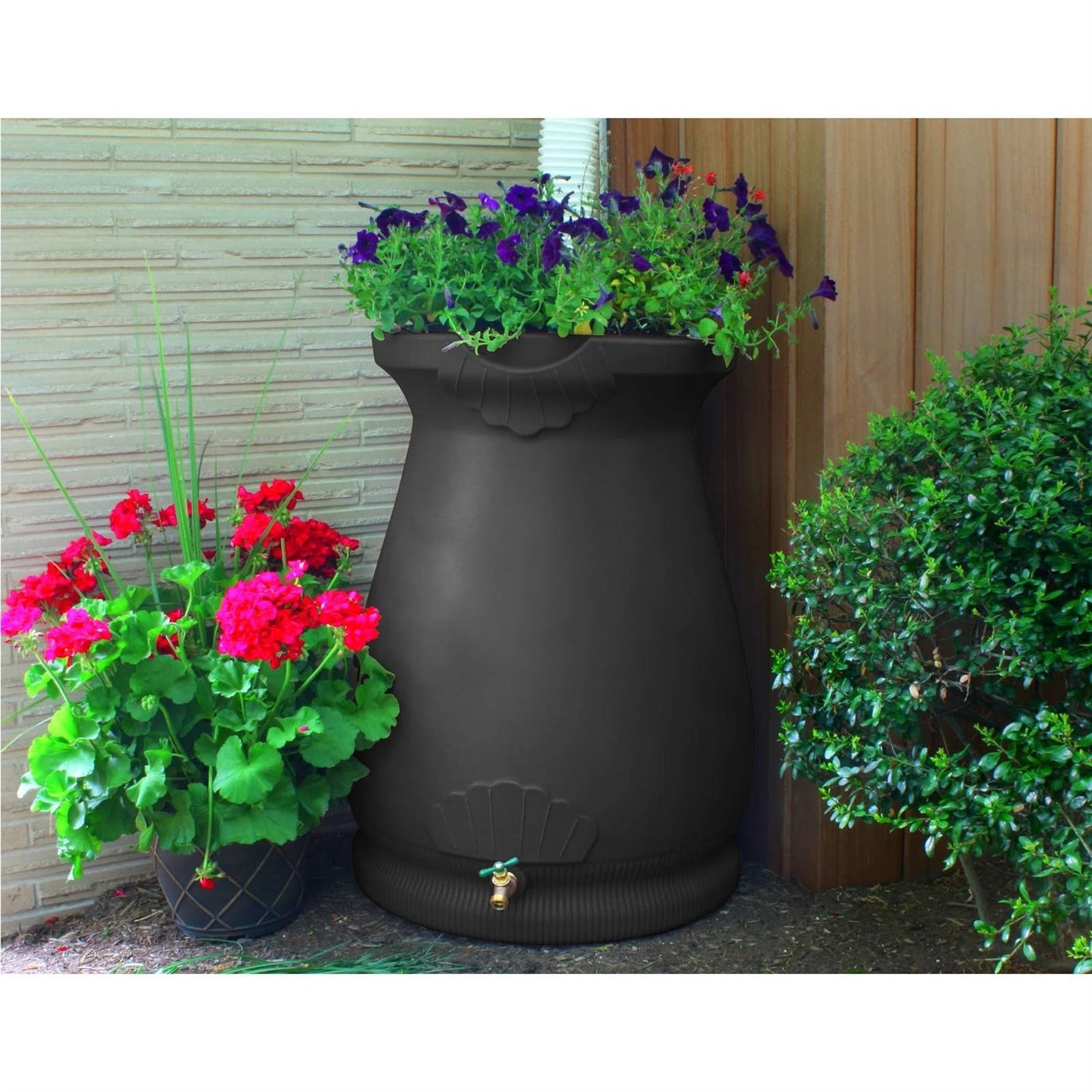 Black 65-Gallon Plastic Urn Rain Barrel with Planter Top - Tampa Home & Garden Store