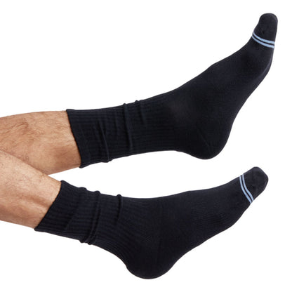 Black casual crew socks DeadSoxy with light blue cuff stripe on leg, two shown on Tampa Home & Garden Store