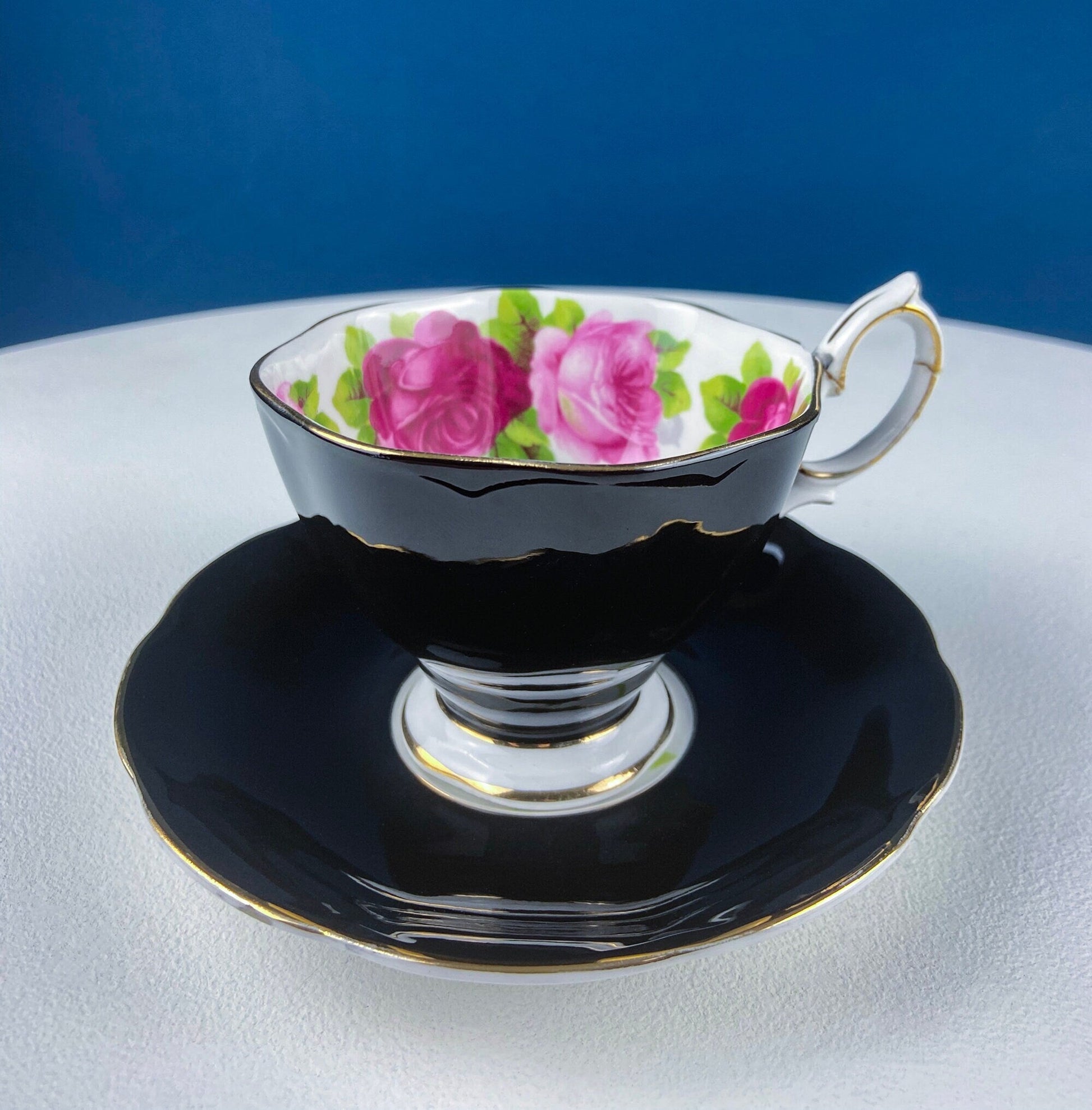 Black Cup and Saucer with Roses on White Background Inside the Cup. Royal Albert Old Country Rose Tea Set. Hand Painted Pink & Red Roses. - Tampa Home & Garden Store