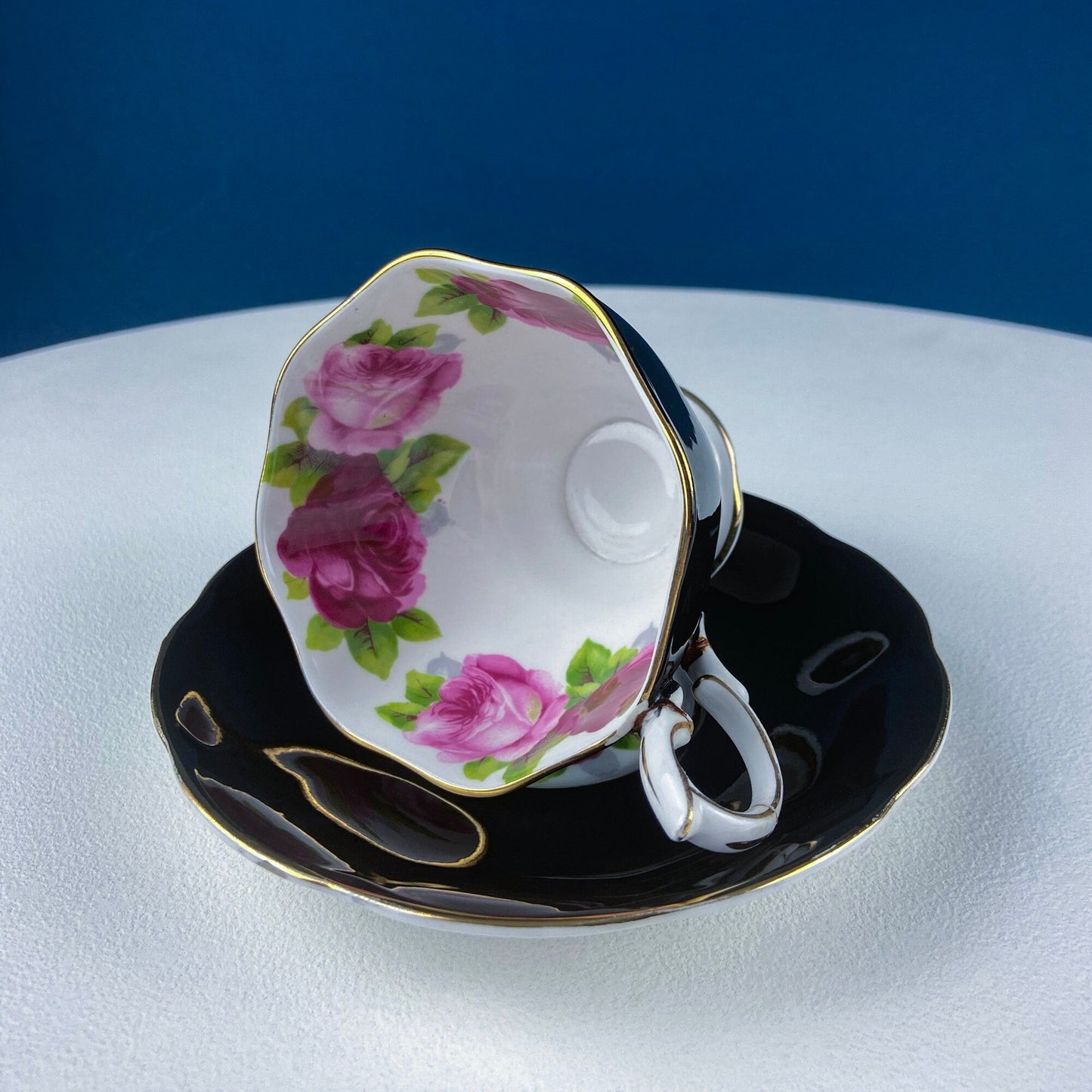 Black Cup and Saucer with Roses on White Background Inside the Cup. Royal Albert Old Country Rose Tea Set. Hand Painted Pink & Red Roses. - Tampa Home & Garden Store