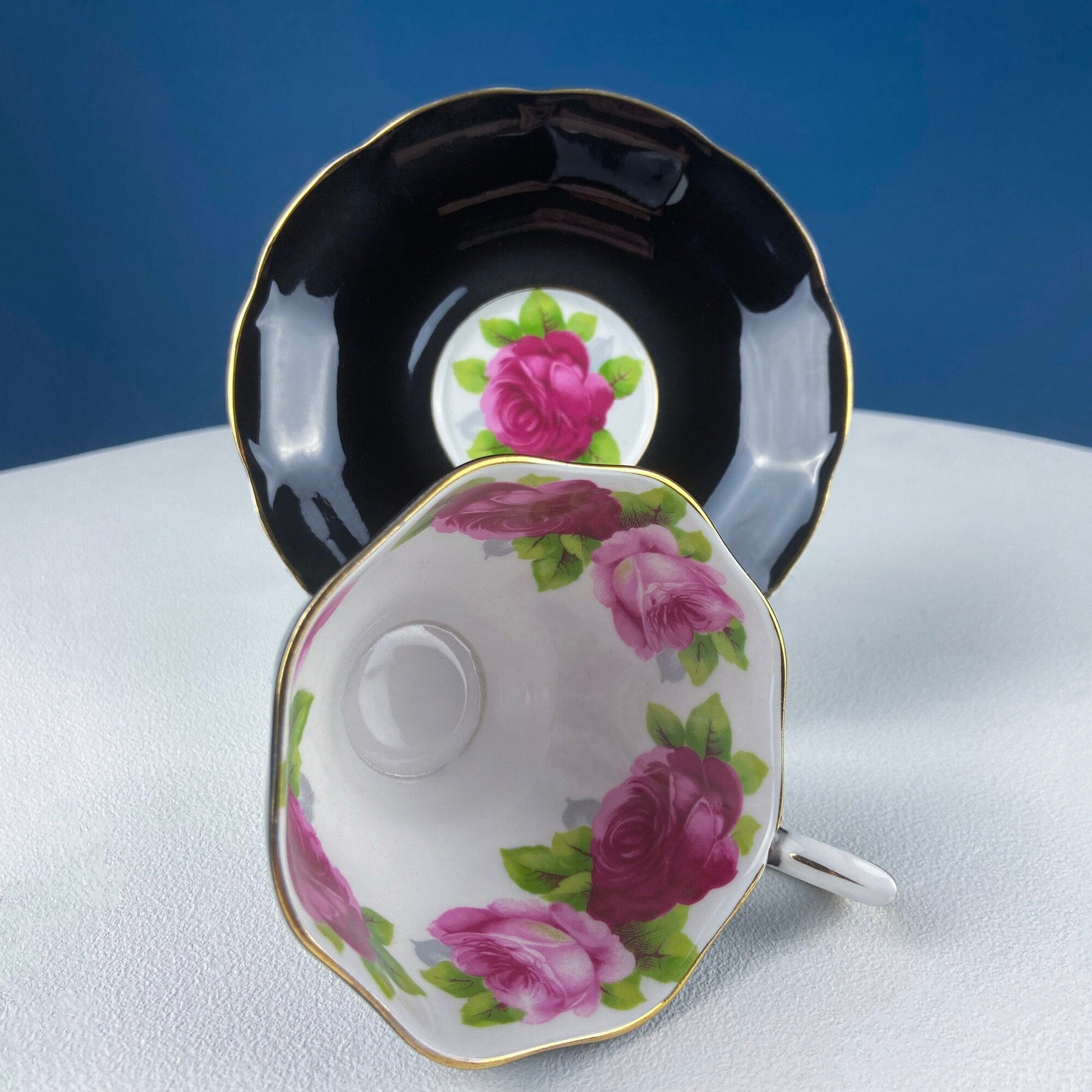 Black Cup and Saucer with Roses on White Background Inside the Cup. Royal Albert Old Country Rose Tea Set. Hand Painted Pink & Red Roses. - Tampa Home & Garden Store