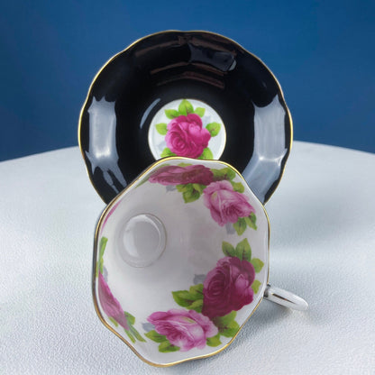 Black Cup and Saucer with Roses on White Background Inside the Cup. Royal Albert Old Country Rose Tea Set. Hand Painted Pink & Red Roses. - Tampa Home & Garden Store
