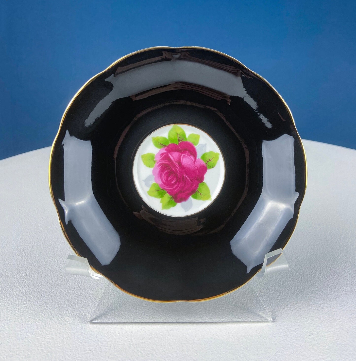 Black Cup and Saucer with Roses on White Background Inside the Cup. Royal Albert Old Country Rose Tea Set. Hand Painted Pink & Red Roses. - Tampa Home & Garden Store