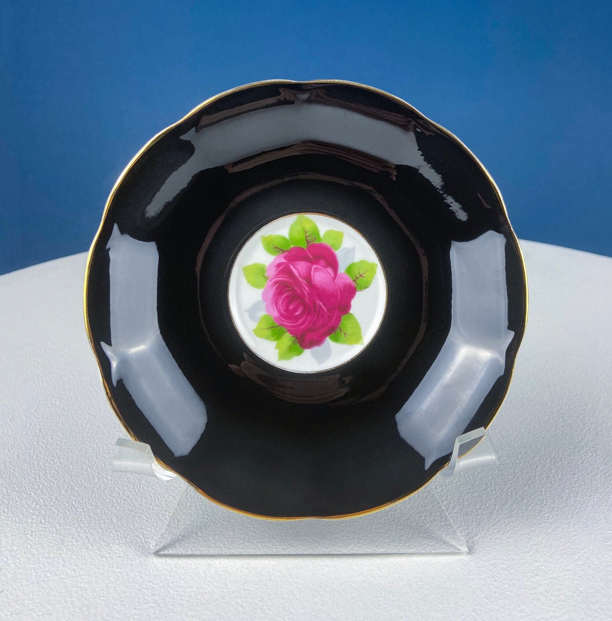 Black Cup and Saucer with Roses on White Background Inside the Cup. Royal Albert Old Country Rose Tea Set. Hand Painted Pink & Red Roses. - Tampa Home & Garden Store