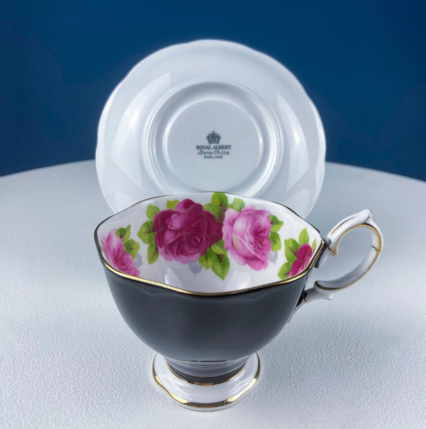 Black Cup and Saucer with Roses on White Background Inside the Cup. Royal Albert Old Country Rose Tea Set. Hand Painted Pink & Red Roses. - Tampa Home & Garden Store