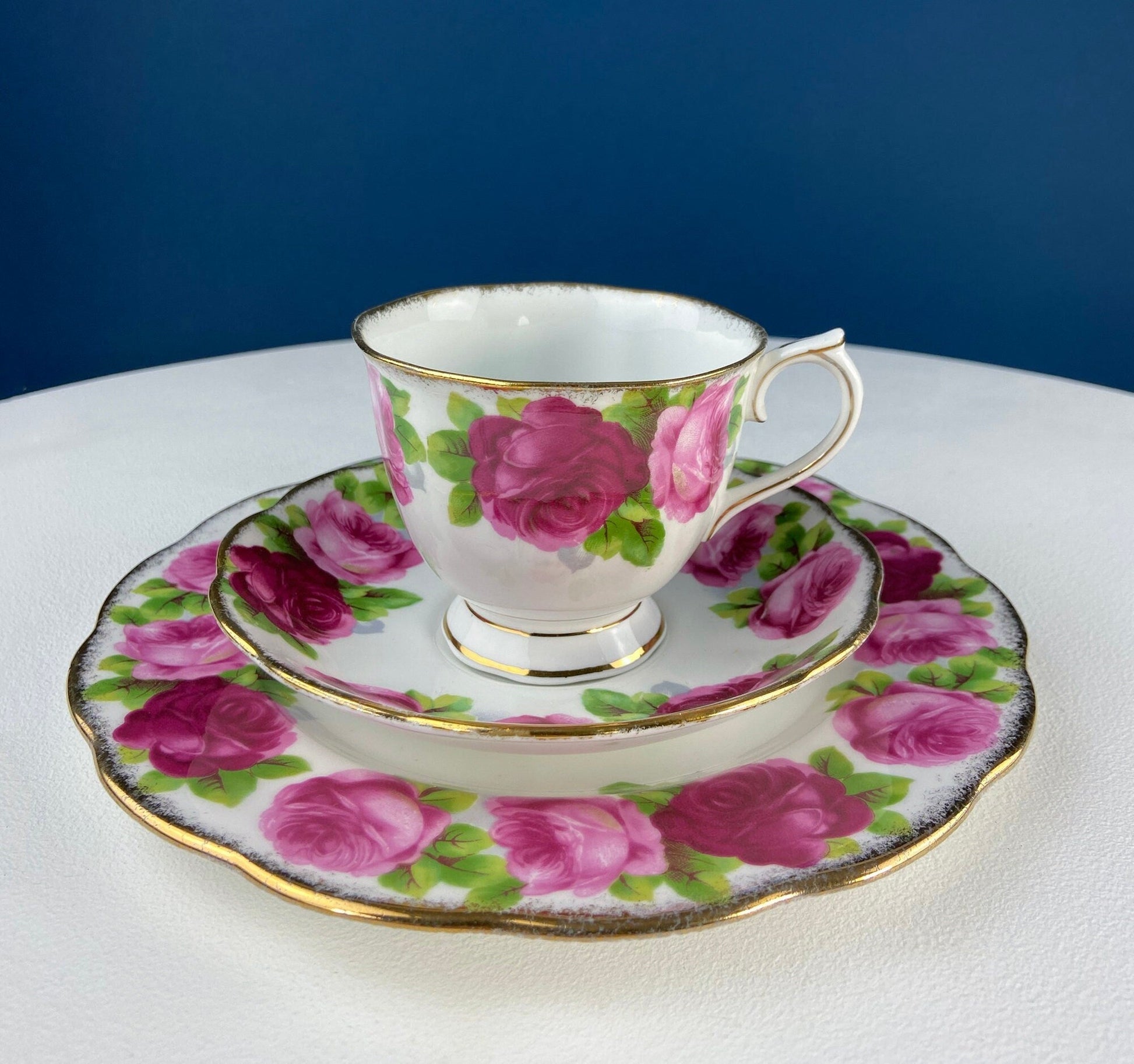 Black Cup and Saucer with Roses on White Background Inside the Cup. Royal Albert Old Country Rose Tea Set. Hand Painted Pink & Red Roses. - Tampa Home & Garden Store