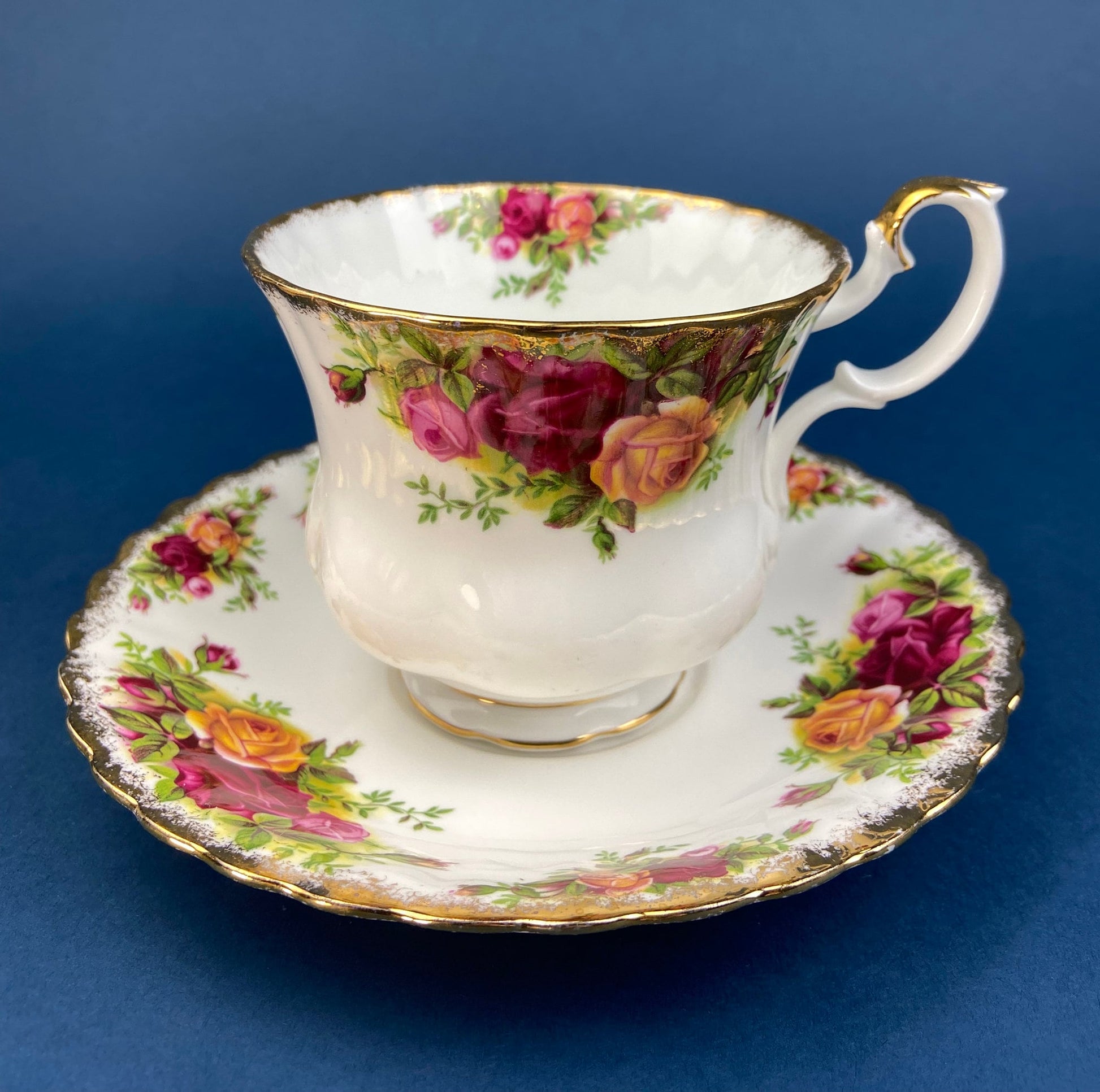 Black Cup and Saucer with Roses on White Background Inside the Cup. Royal Albert Old Country Rose Tea Set. Hand Painted Pink & Red Roses. - Tampa Home & Garden Store