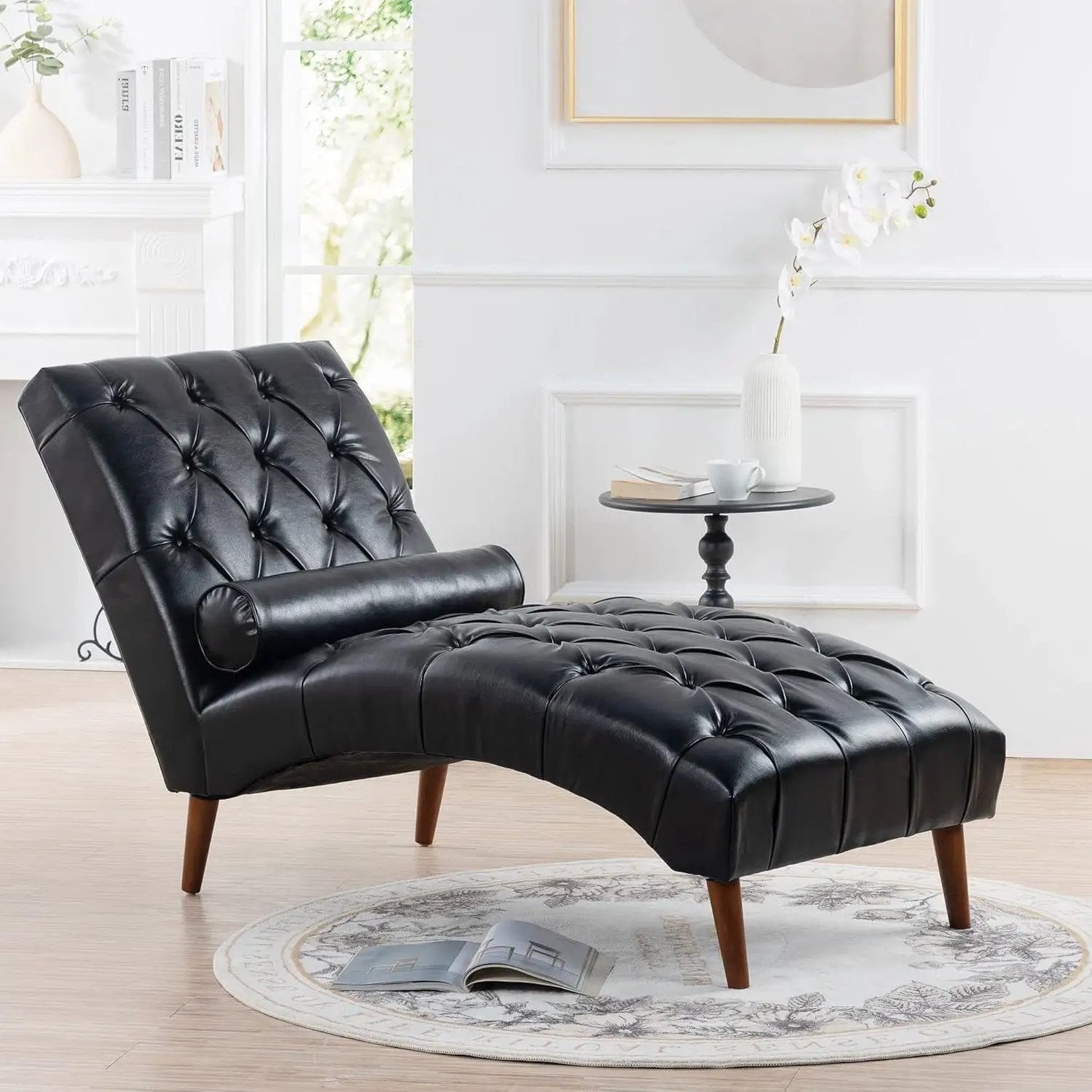 Black Faux Leather Upholstered Armless Chaise Lounge Chair with Lumbar Pillow - Tampa Home & Garden Store