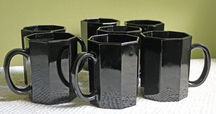 Black Glass Mugs.  Six Modern Octagonal Design Cups Made by Arcopal in France. - Tampa Home & Garden Store