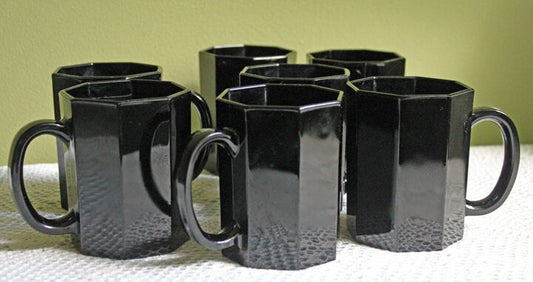 Black Glass Mugs.  Six Modern Octagonal Design Cups Made by Arcopal in France. - Tampa Home & Garden Store
