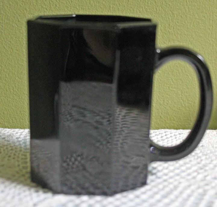 Black Glass Mugs.  Six Modern Octagonal Design Cups Made by Arcopal in France. - Tampa Home & Garden Store