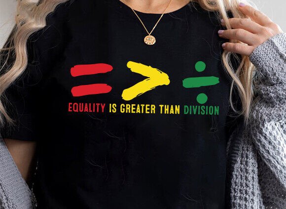 Black unisex bamboo/cotton graphic tee with equality over division in red, yellow, green on Tampa Home & Garden Store