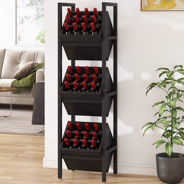 Black Industrial Farmhouse 3 Bin 36 Bottle Wine Rack Storage Display Shelf - Tampa Home & Garden Store