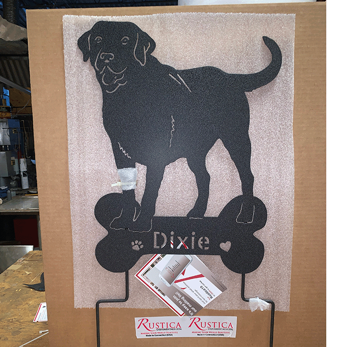 Labrador statue wall art in dark metal with bone-shaped base Rustica Ornamentals on Tampa Home & Garden Store