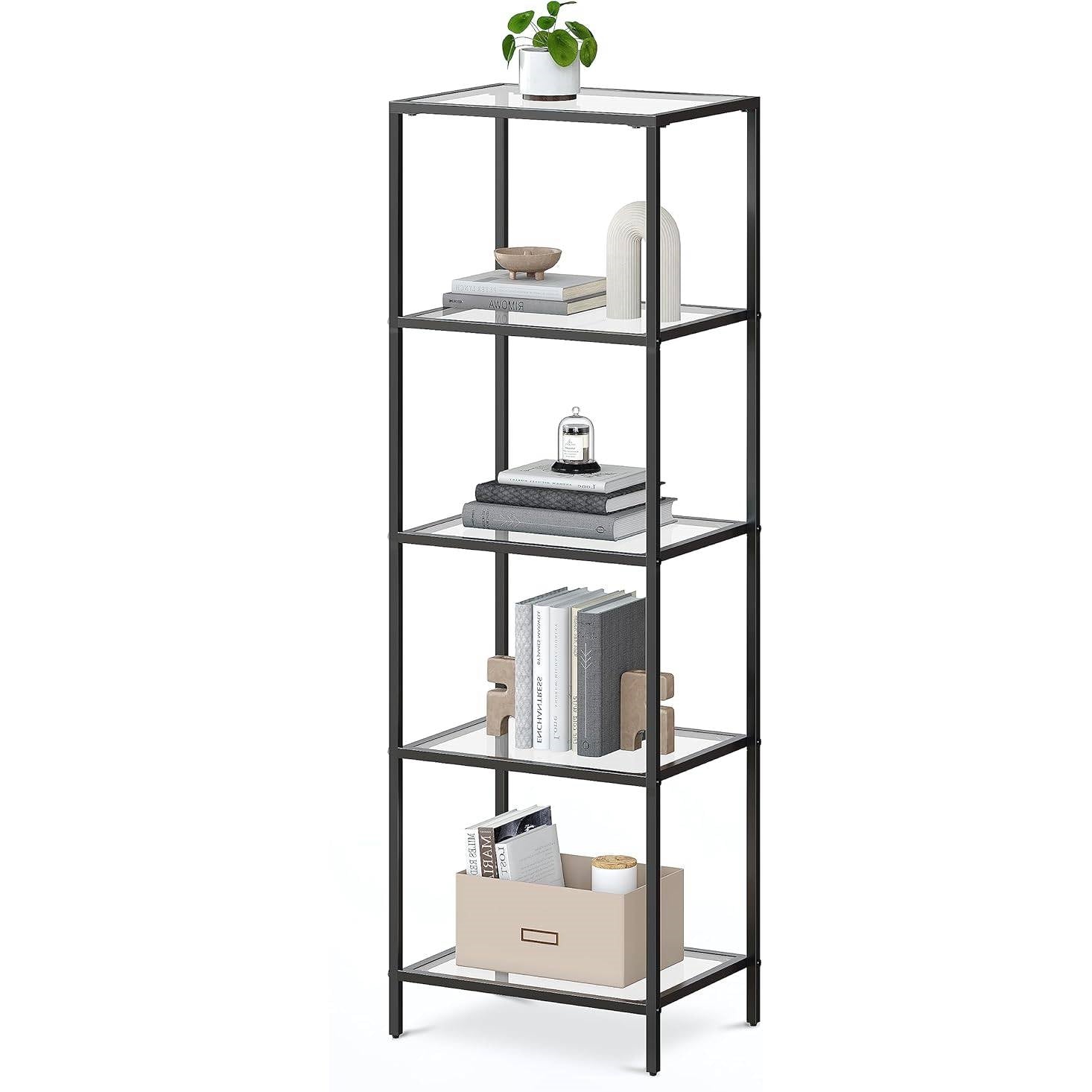 Black Metal Frame Glass Shelf Bookcase 4-Shelves Shelving Unit - Tampa Home & Garden Store