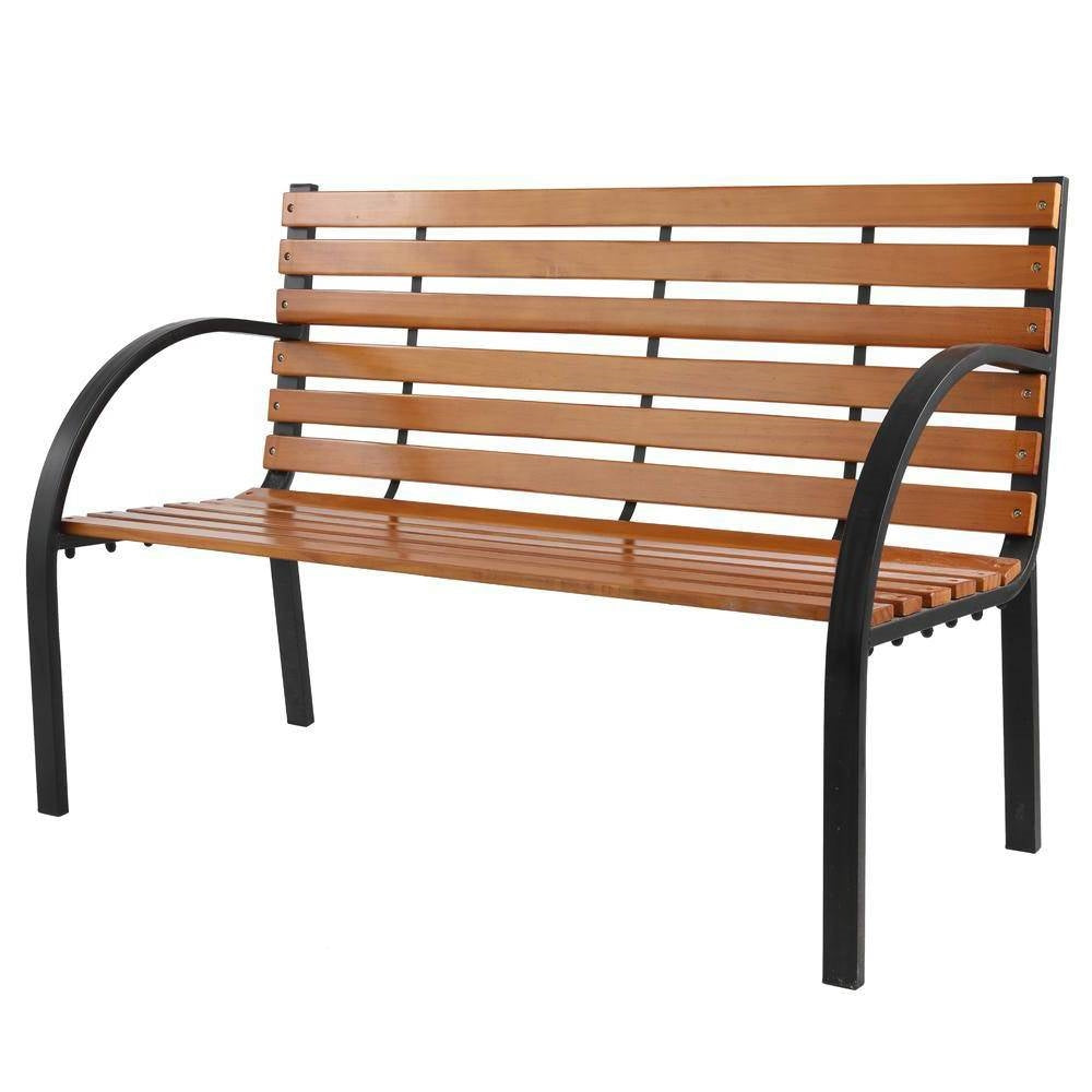 Black Metal Frame Outdoor Wood Slat Garden Bench with Curved Armrests - Tampa Home & Garden Store