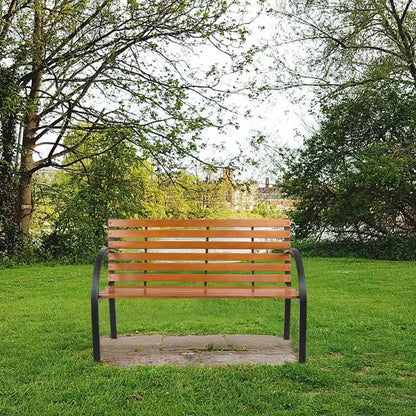 Black Metal Frame Outdoor Wood Slat Garden Bench with Curved Armrests - Tampa Home & Garden Store