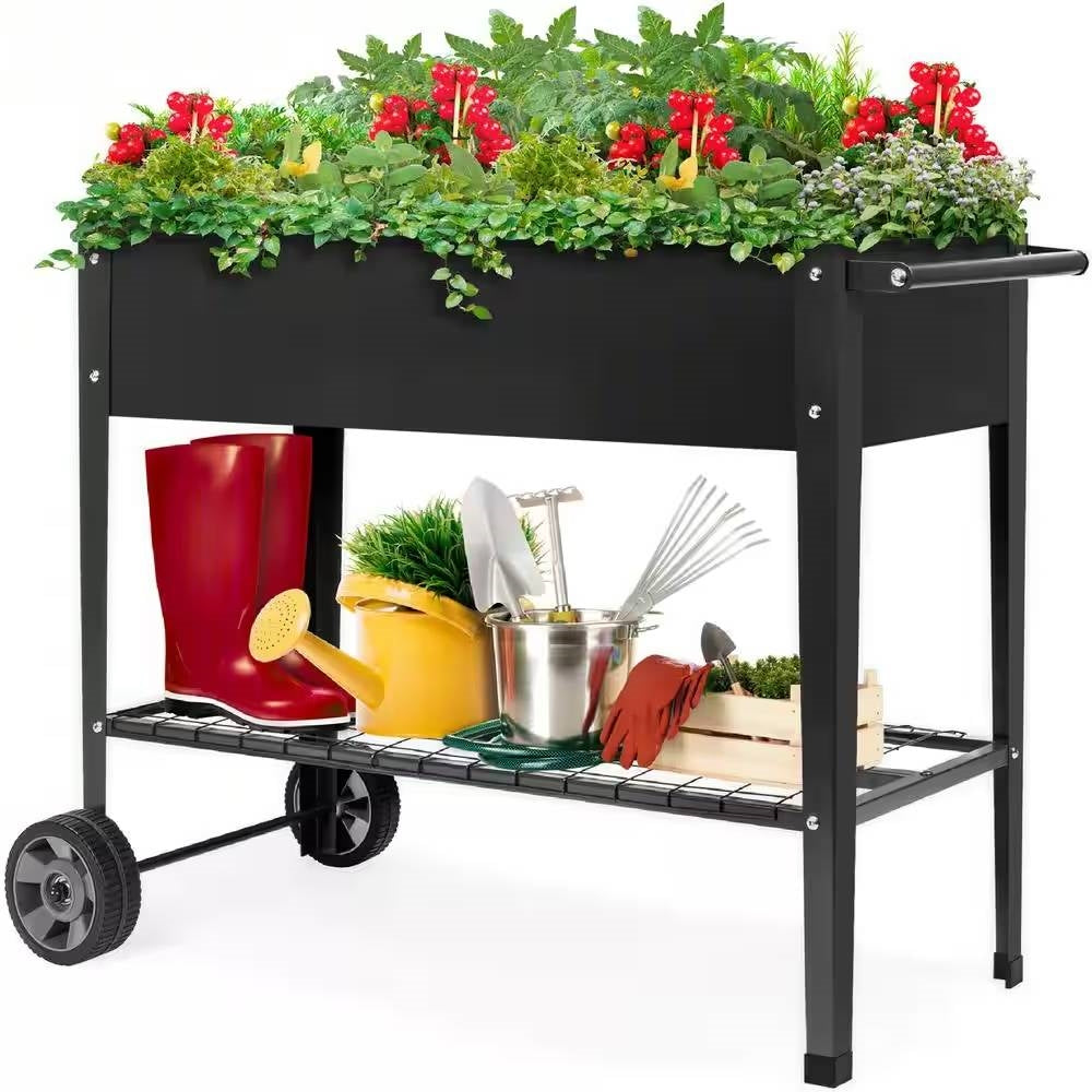 Black Metal Raised Garden Bed Planter Cart on Wheels 37-inch x 15-inch - Tampa Home & Garden Store