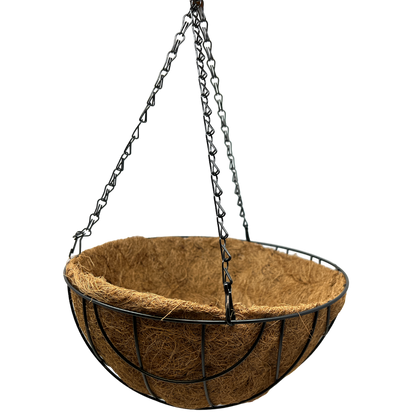 Black Metal Wire Hanging Basket with Coco Mat Liner - 12-Inch Diameter - Tampa Home & Garden Store