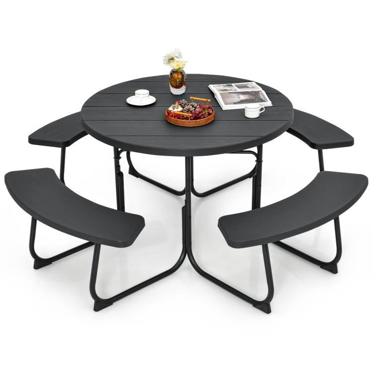 Black Outdoor Metal and HDPE Picnic Table Bench Set with Umbrella Hole - Seats 8 - Tampa Home & Garden Store