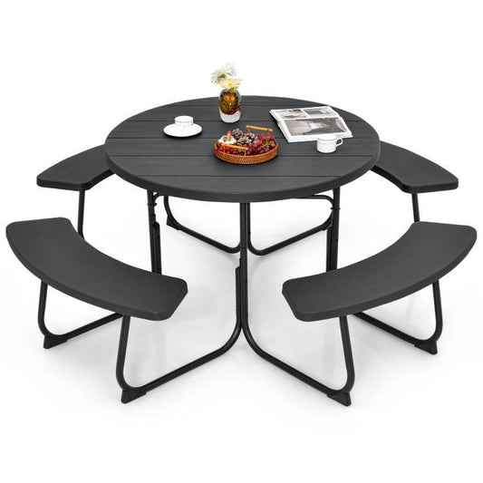 Black Outdoor Metal and HDPE Picnic Table Bench Set with Umbrella Hole - Seats 8 - Tampa Home & Garden Store