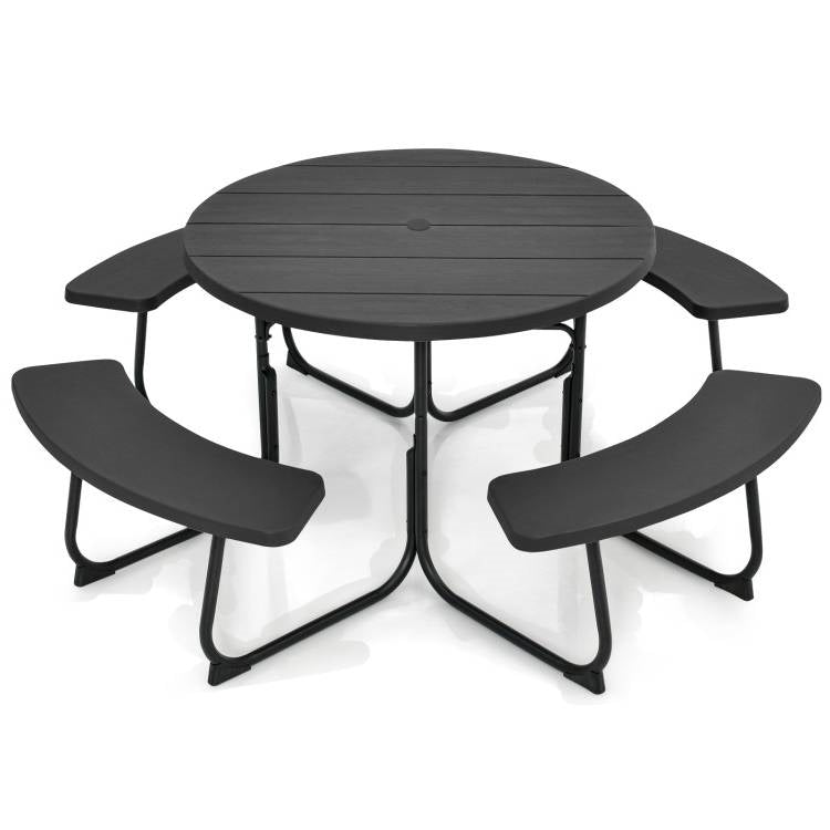 Black Outdoor Metal and HDPE Picnic Table Bench Set with Umbrella Hole - Seats 8 - Tampa Home & Garden Store