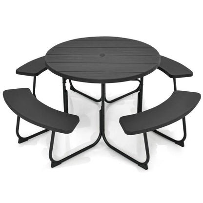 Black Outdoor Metal and HDPE Picnic Table Bench Set with Umbrella Hole - Seats 8 - Tampa Home & Garden Store
