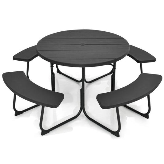 Black Outdoor Metal and HDPE Picnic Table Bench Set with Umbrella Hole - Seats 8 - Tampa Home & Garden Store
