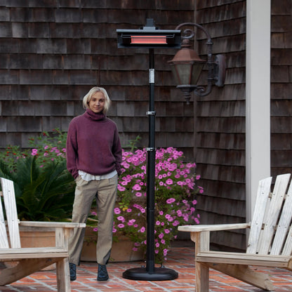 Black powder coated steel telescoping offset pole-mounted infrared patio heater on Tampa Home & Garden Store