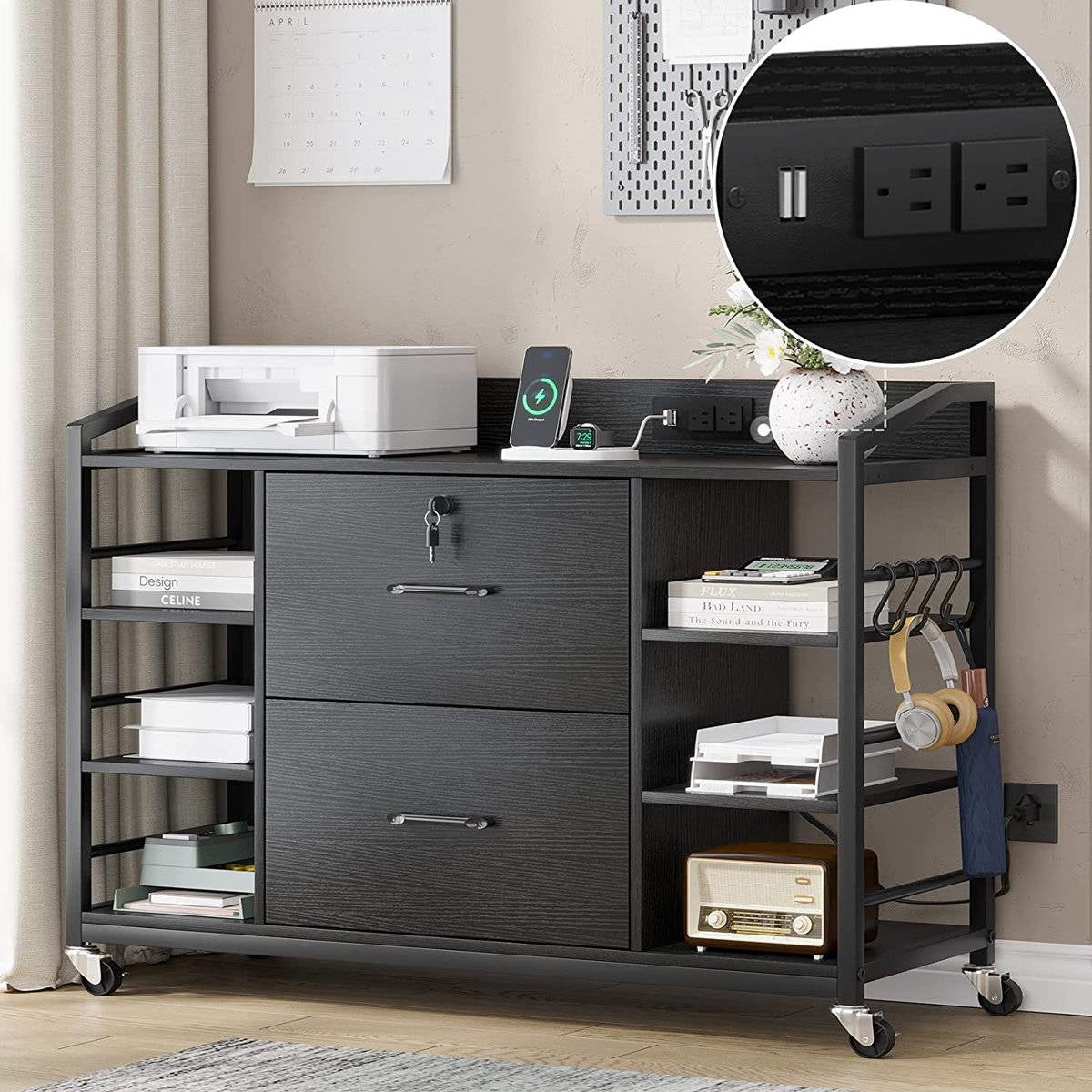 Black Printer Stand Bookcase Power Station Mobile Office File Cabinet - Tampa Home & Garden Store