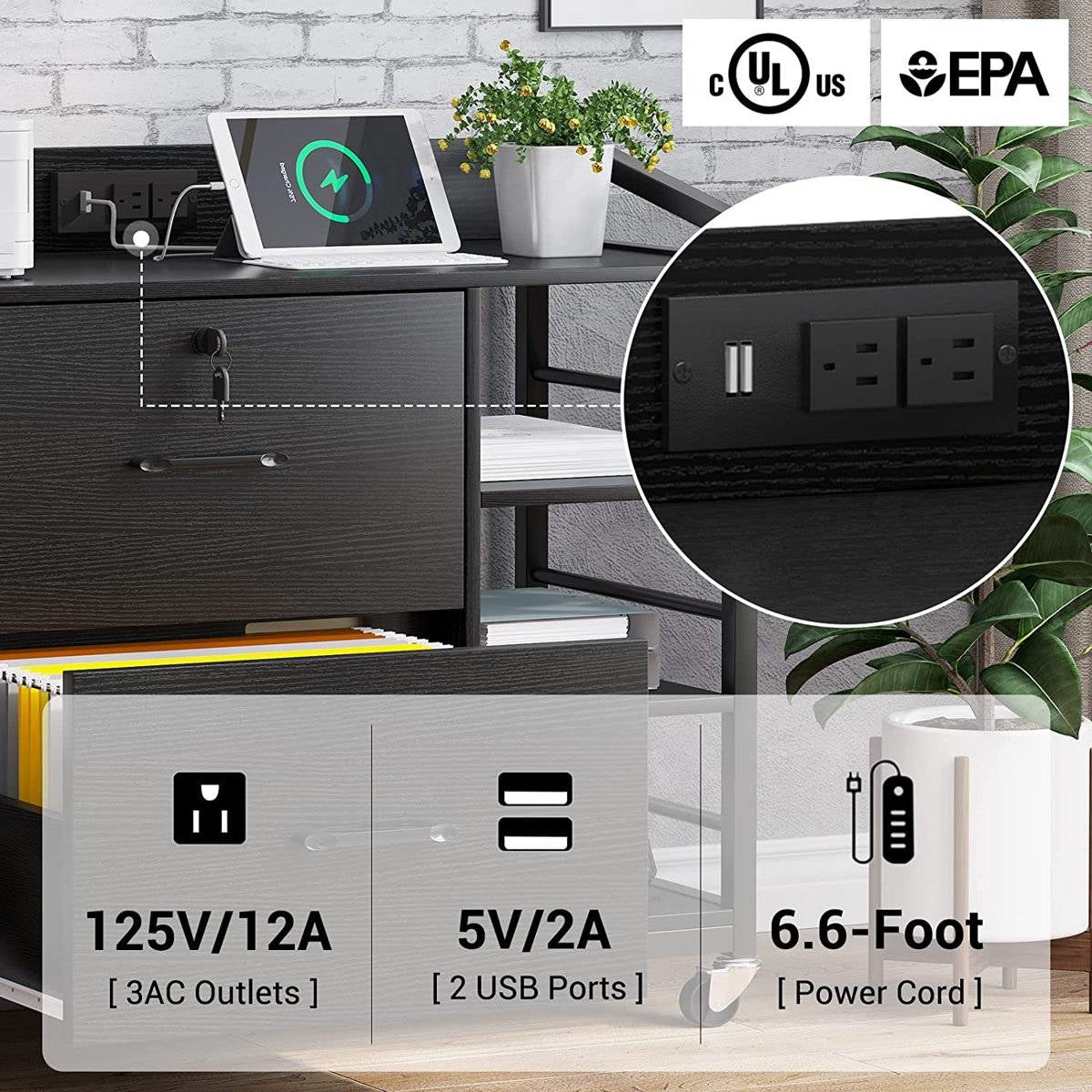 Black Printer Stand Bookcase Power Station Mobile Office File Cabinet - Tampa Home & Garden Store