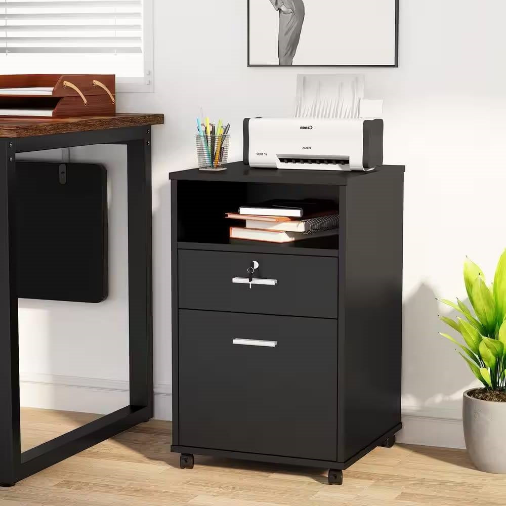 Black Rolling 2-Drawer Mobile File Cabinet Printer Stand Office Cart on Wheels - Tampa Home & Garden Store