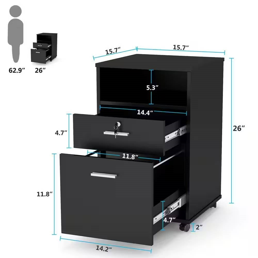 Black Rolling 2-Drawer Mobile File Cabinet Printer Stand Office Cart on Wheels - Tampa Home & Garden Store