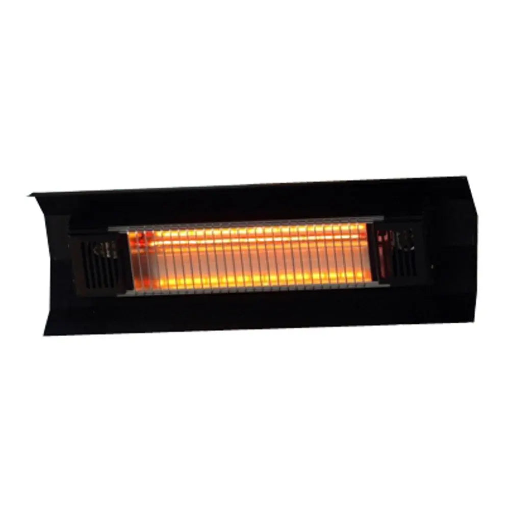 Black steel wall-mounted infrared patio heater with orange glow on Tampa Home & Garden Store
