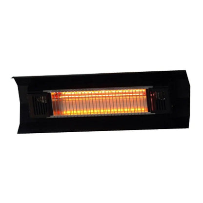 Black steel wall-mounted infrared patio heater with orange glow on Tampa Home & Garden Store