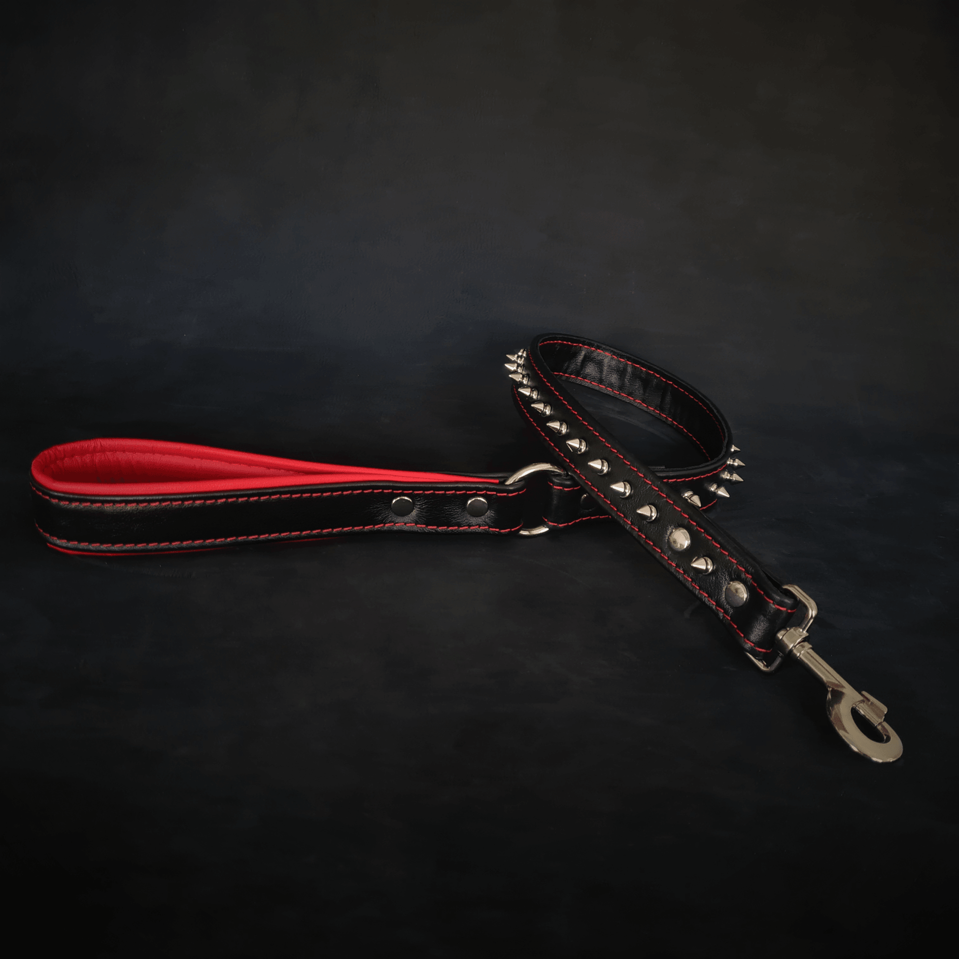 Black soft leather short spiked leash - Tampa Home & Garden Store