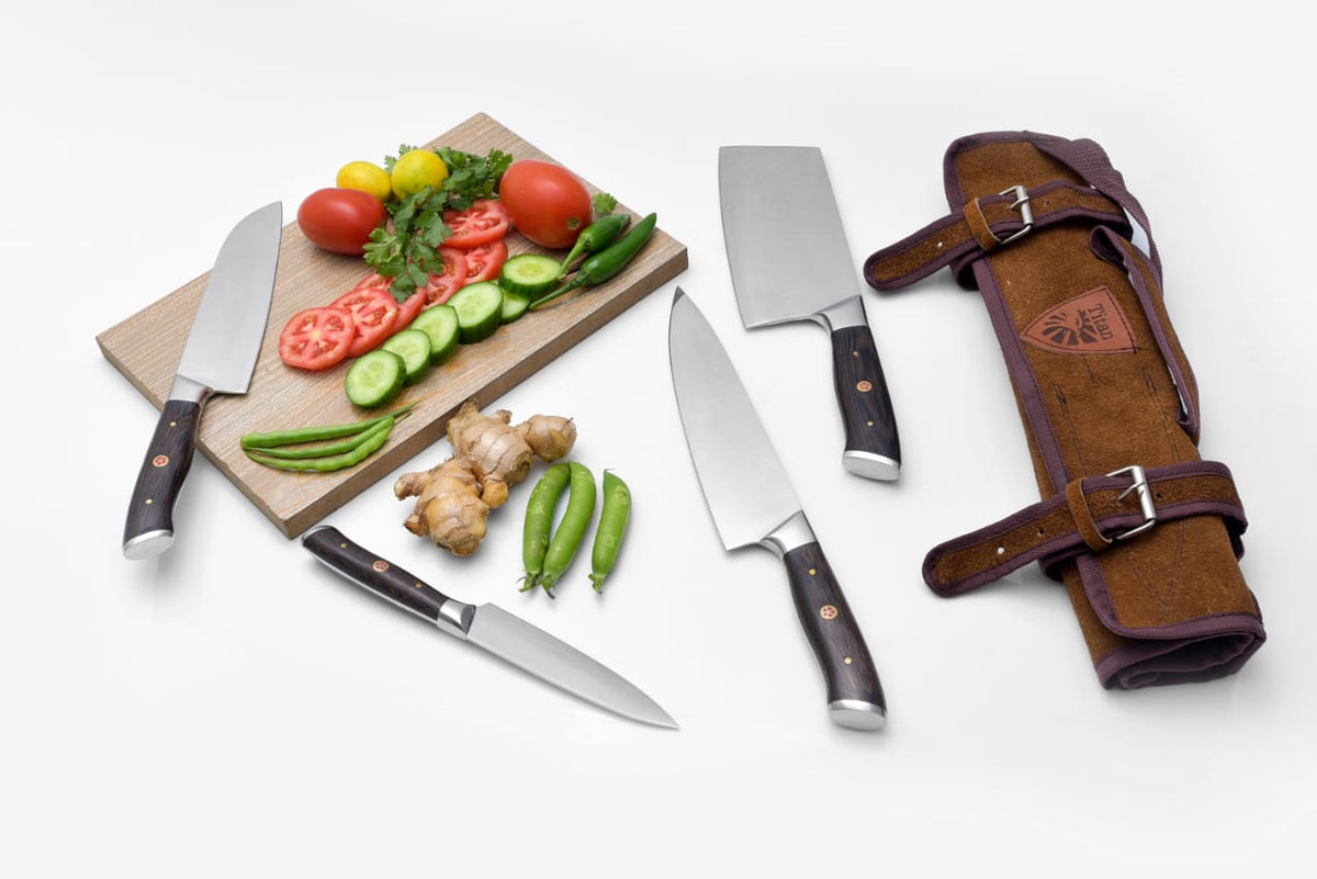 Titan Blackwood CK-008 kitchen knives with dark wood handles; brown roll-up case on Tampa Home & Garden Store