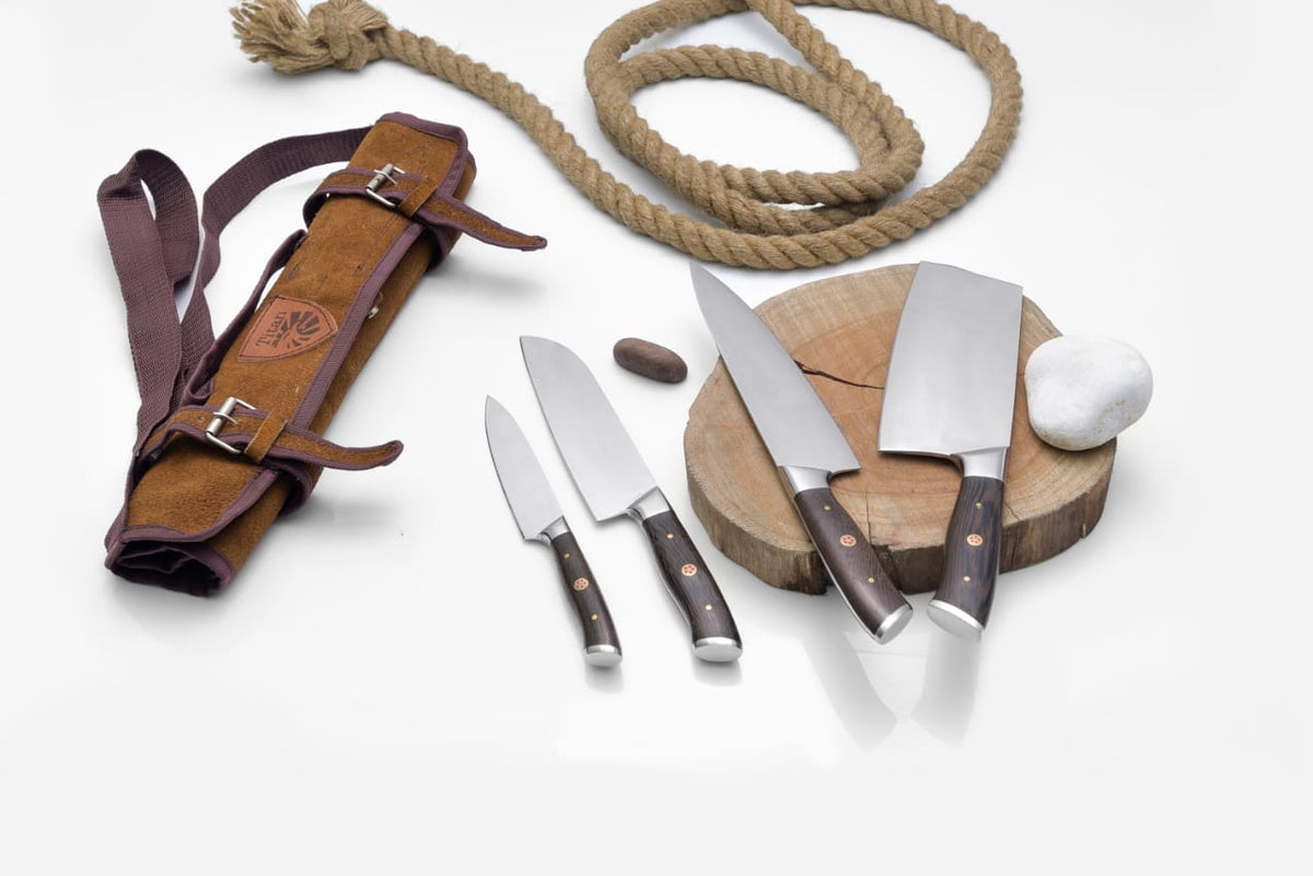Titan Blackwood Culinary Set CK-008 4-piece kitchen knives with brown wood handles leather sheath on Tampa Home & Garden Store