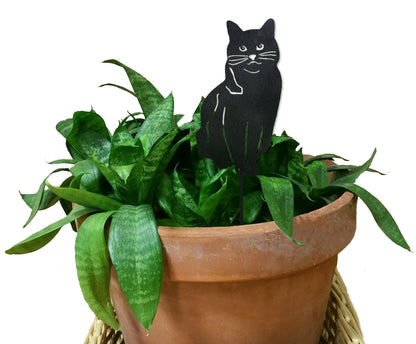 Cat Plant Stake Memorial, black metal cat silhouette in terracotta pot with green foliage on Tampa Home & Garden Store