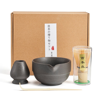 Black Japanese Matcha Set with Bowl and Whisk