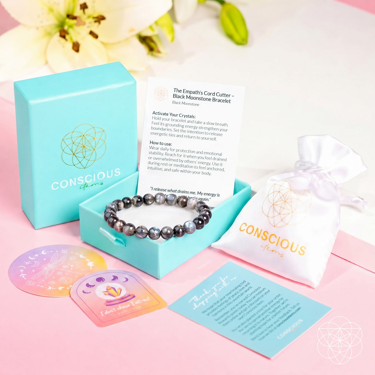 Empath Cord Cutter Black Moonstone Bracelet by Conscious Items in turquoise box on Tampa Home & Garden Store