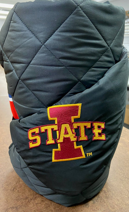 Iowa State black quilted puffer blanket with red-gold logo embroidery by Pretty Rugged on Tampa Home & Garden Store