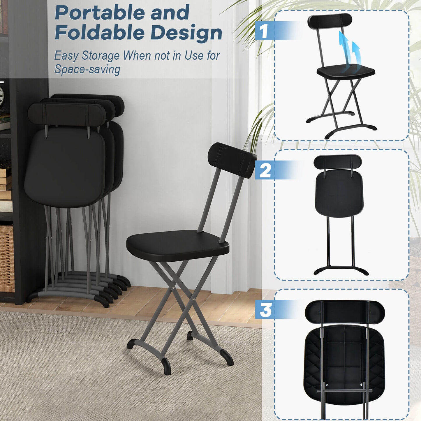 Juego de 2 sillas plegables para exteriores con estructura resistente y respaldo ergonómico - Negro