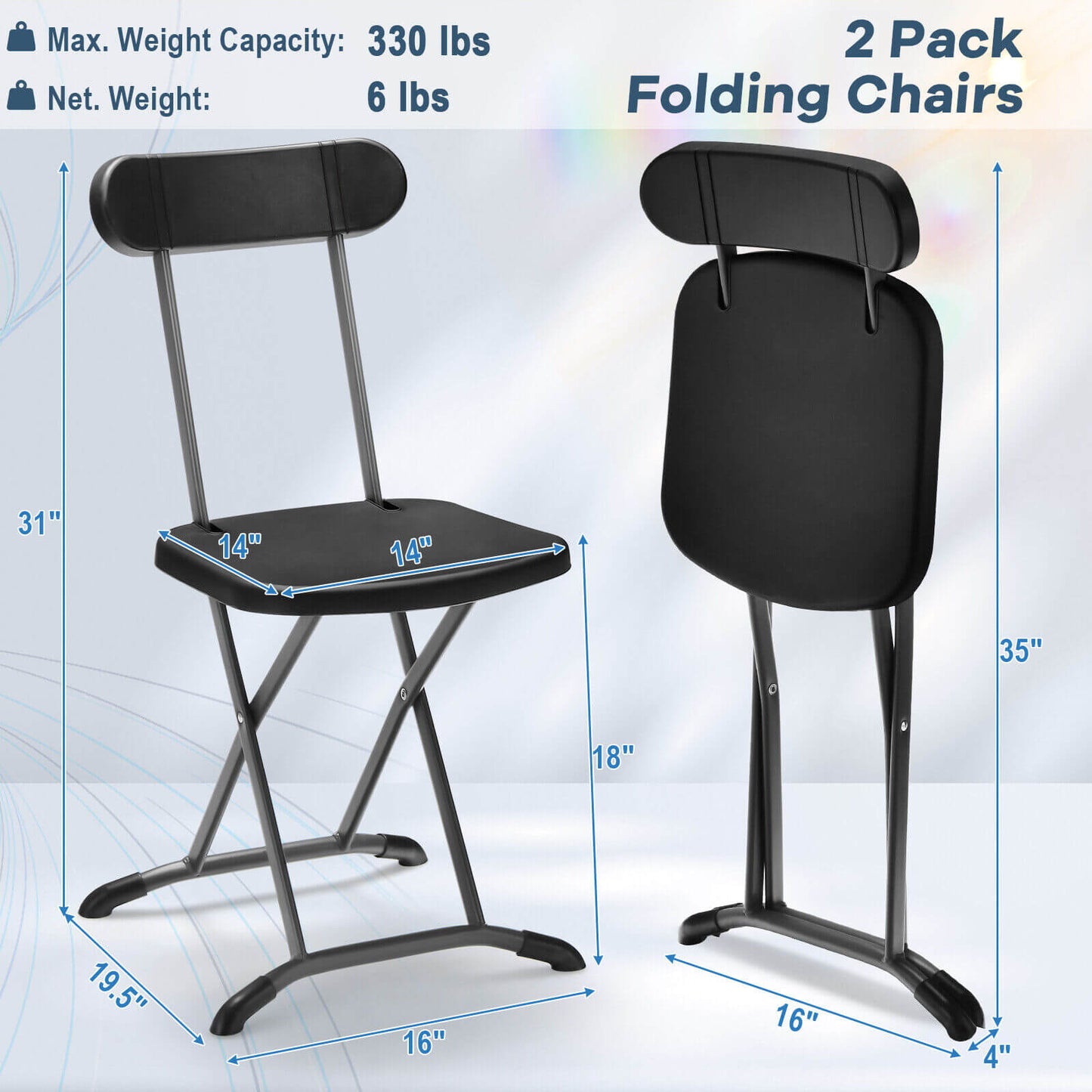 Juego de 2 sillas plegables para exteriores con estructura resistente y respaldo ergonómico - Negro