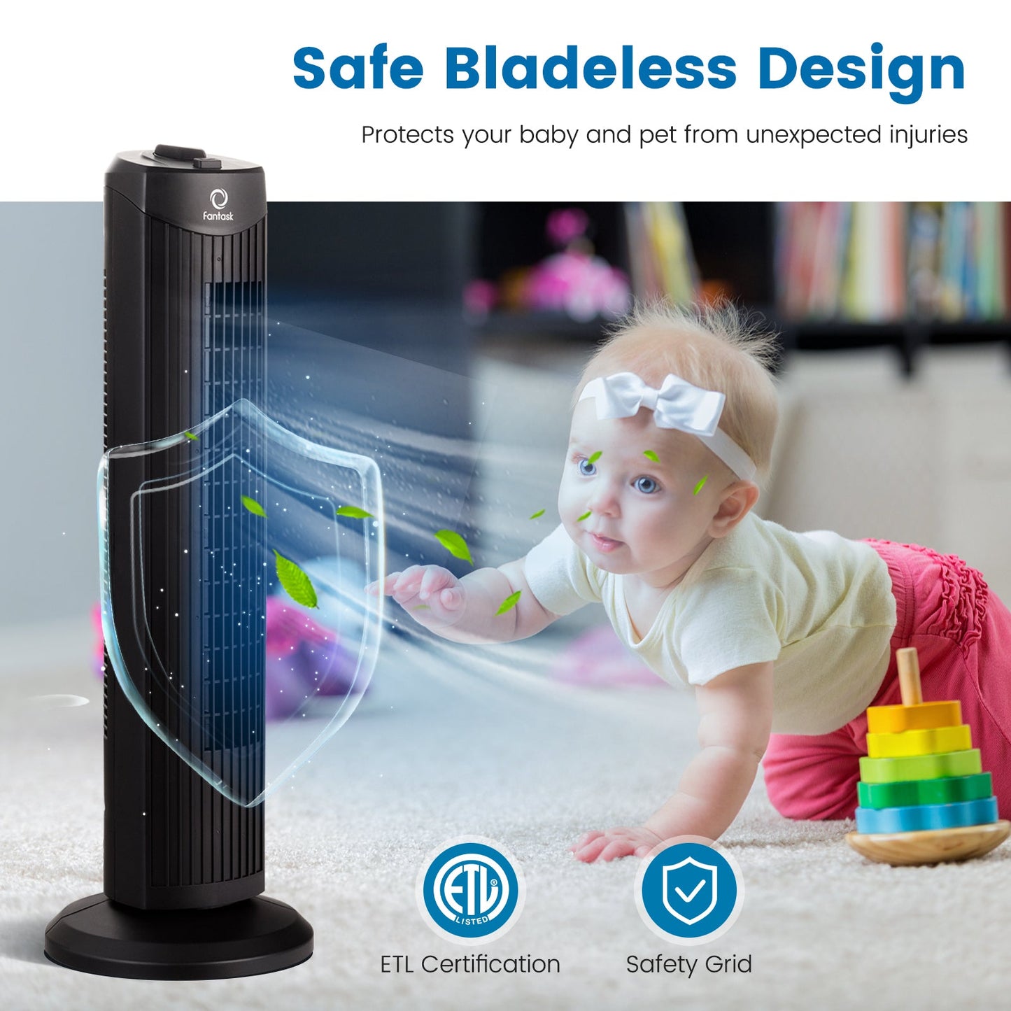 Ventilador de torre oscilante sin aspas Fantask 35W 28 pulgadas silencioso - Negro