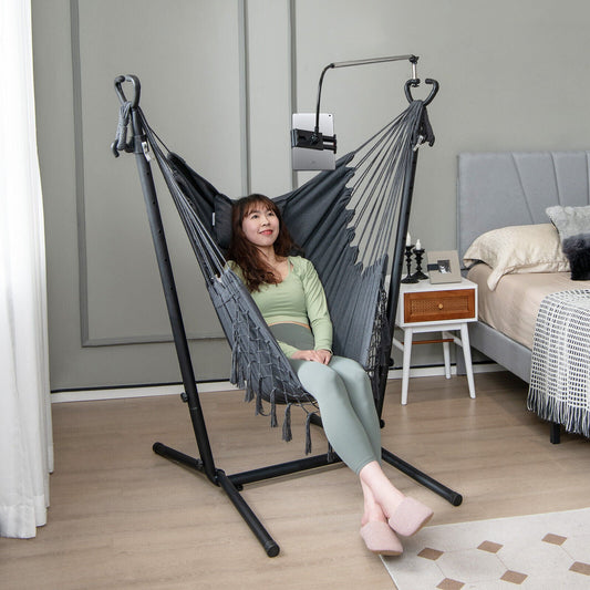 Height Adjustable Hammock Chair with Phone Holder and Side Pocket-Gray - Tampa Home & Garden Store