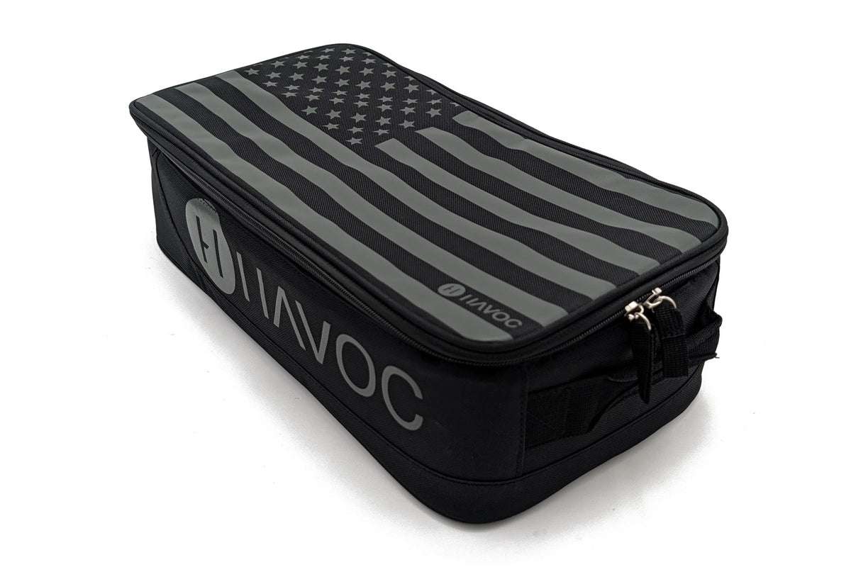 Havoc Goggle Case with Padded interior black nylon with gray stripes and Havoc logo on side on Tampa Home & Garden Store
